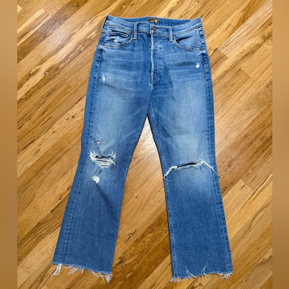 MOTHER Tripper Flare Distressed Blue Jeans